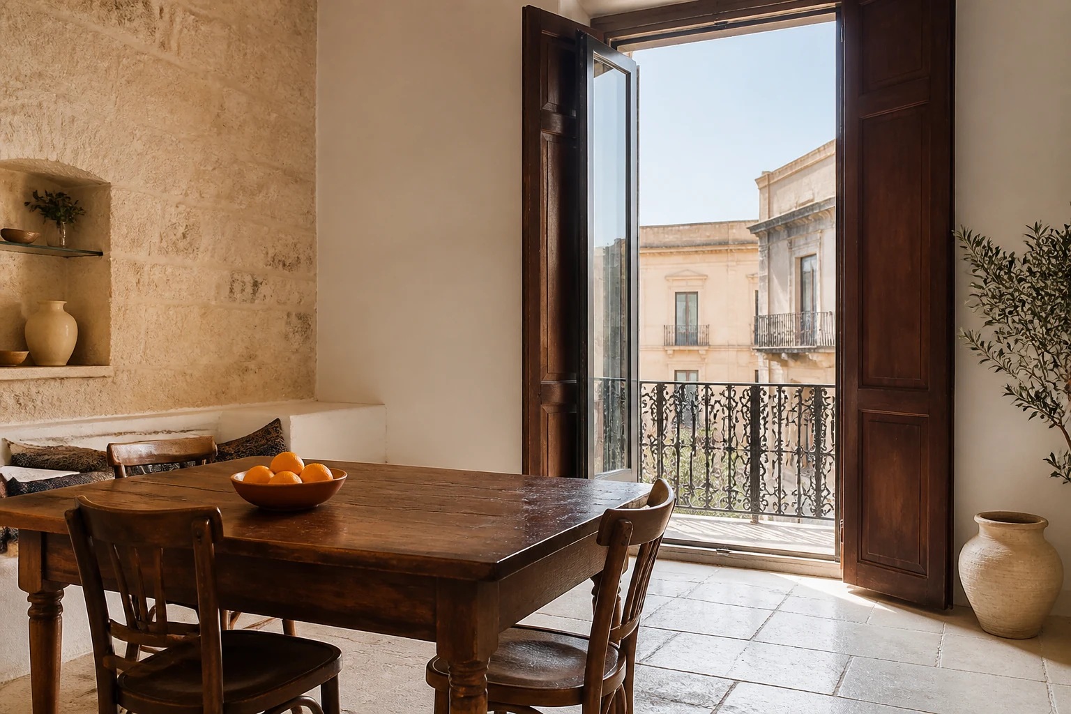 Intérieur lumineux d’une maison sicilienne avec balcon