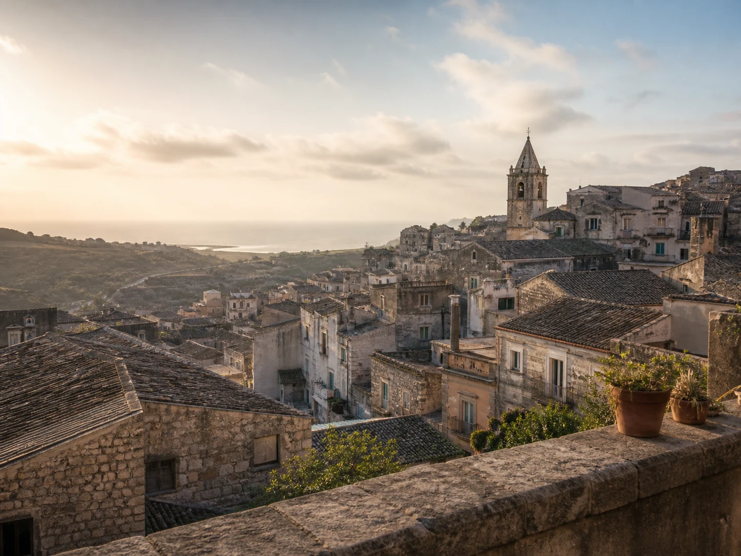 Village sicilien vu depuis une terrasse